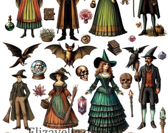 victorian style witch paper dolls collage sheet skulls potions magic wands clipart png jpg printable original art instant digital download