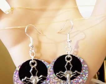 black and silver cross earrings, sequin hologram earrings, circles, dangles, crucifix jewelry