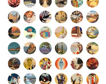 vintage vacation world travel art posters clipart digital download collage sheet 1" inch circles graphics images printables diy crafts