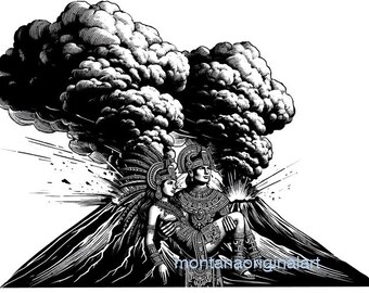 aztec warrior holding woman erupting volcanoes png aztec princess jpg black illustration printable  Mexican indian art digital download