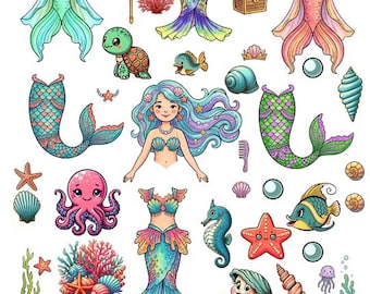 little mermaid girl paper doll fish starfish seashells clipart png jpg printable original art instant digital download