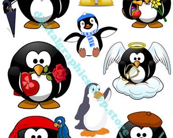 cute cartoon penguins birds clipart, printable art, collage sheet, digital print, instant download, scrapbooking, junk journals, decoupage