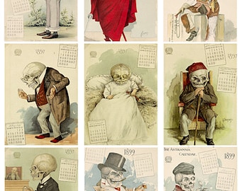 printable 1800s vintage skeleton skulls calendars art clipart 2.5" x 3.5" digital collage sheet, atc, cards, aceo, instant download