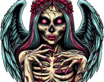 creepy skeleton angel zombie horror art printable Fantasy dark art color illustration digital print goth art download