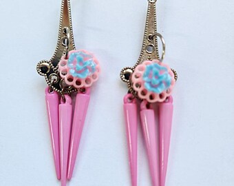 pink chandelier earrings  blue rose earrings long dangles pastel colors flower spike charm handmade plastic jewelry