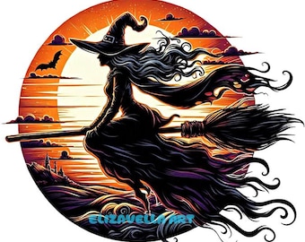witch flying on a broom sunset png silhouette art jpg digital download clipart printable