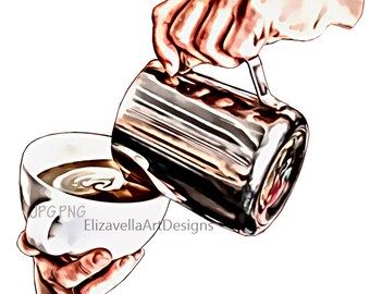 hand pouring coffee png overlay, coffee clipart,  printable art, jpg instant download, digital painting image to print