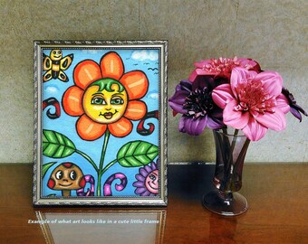 happy flowers painting original art, small canvas painting, 5" x 7",  Blooming Smiles, whimsical fairytale fantasy art, kids nursery room