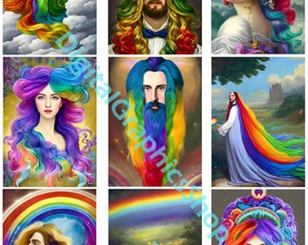 beautul rainbow hair people, digital collage sheet, fantasy clipart, 2.5" x 3.5" inches, atc, printable aceo cards, instant download