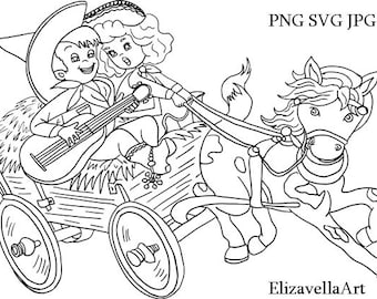 little cowboy svg cowgirl SVG, Cute cowboy png, little cowgirl png, guitar serenade Clipart, Cut File, cute western coloring page,  line art