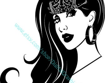 Chola bandana, mexican woman face png, svg vector, printable gangster girl, pinup girl, instant download clipart, digital t shirt designs