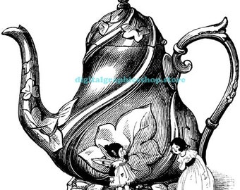 fairy girls and tea pot clipart png Digital print instant Download printable art vintage illustration Image graphics