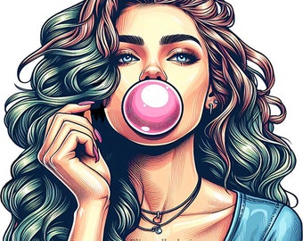 woman blowing bubble gum png clipart, womans face png jpg printable art digital download