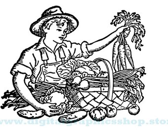 vintage farmer boy, vegetable garden, coloring page, printable art, black and white, instant download, digital print, line art