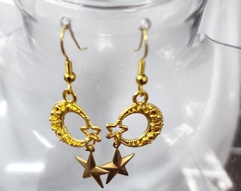 golden moon star earrings, dangles handmade metal jewelry