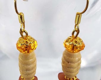 orange bead drop flower dangles earrings wood glass handmade jewelry