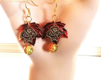 orange copper sequin leaf earrings, glass bead drop earrings, rose charms dangles handmade jewelry