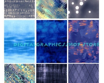 vintage blue textiles fabrics abstract patterns, clipart, instant download, 2.5" x 3.5" aceo collage sheet,  digital prints, junk journals