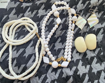 Vintage white bead shell jewelry lot, plastic beaded necklaces, shell necklace,  post earrings