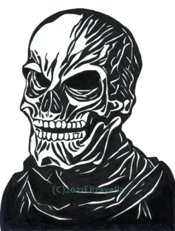 horror original art, Skeleton skulls, abstract ink drawing, macabre dark artwork 8.5" x 11" inch