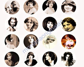 vintage and antique womens photographs collage sheet 1.5" circles clipart digital download old photos printables