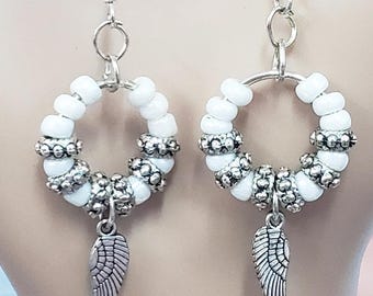 white beaded hoop earrings, angel wing earrings, glass seed bead earrings, handmade jewelry