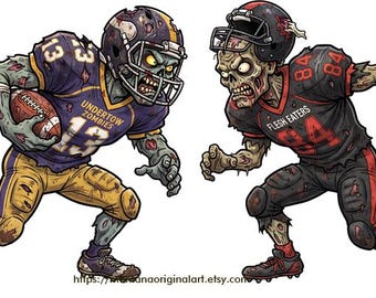 Ilustración digital a color imprimible de jugadores de fútbol zombies, oponentes, arte de terror, descarga gratuita.