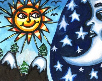 sun and moon original aceo drawing art card celestial artwork