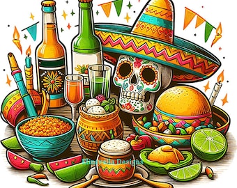 mexican fiesta food drink sombrero art png clipart, logo jpg printable day of the dead COLOR ILLUSTRATION art digital download