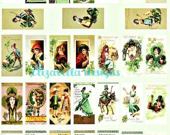 Vintage saint pattys day postcard art dominos collage sheet st patricks irish clipart download, 1" x 2" inch printables