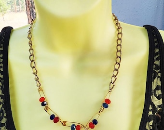 blue and red glass bead safety pin necklace handmade gold chain beaded jewelry
