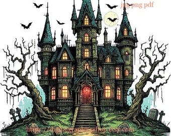 Creepy haunted house png color illustration download art printable