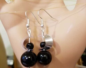 black bead drop earrings silver moon sequin dangle earrings handmade glass bead jewelry