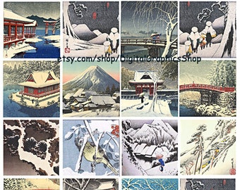 Vintage Japan watercolor snow landscape paintings 2 inch squares digital collage sheet instant download printable art