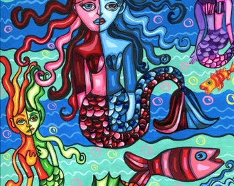 Siren's Realm mermaids fish original abstract painting colorful art 9" x 12" sealife beach ocean nautical decor