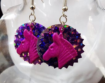 purple enamel horse charms earrings sequins dangles sparkly jewelry