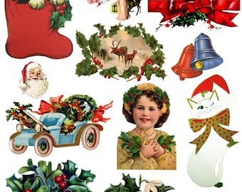 Christmas die cuts clipart printable digital collage sheet instant download vintage christmas card art