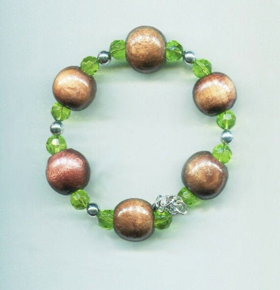 brown chunky wood and glass bead bracelet, wire, green, hippie, handmade, gypsy, bohemian jewelry