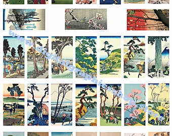 japanese art, trees, landscapes, collage sheet, 1" x 2" inch, dominos clipart,  digital print, instant download, craft printables