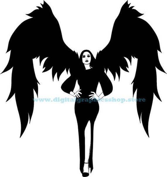 Gothic Dark Angel Woman, Fantasy Pinup Girl, printable wall art, clipart png jpg, silhouette instant download, digital prints