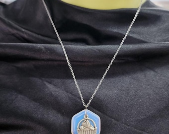 cat in basket charm glass pendant drop necklace silver chain handmade minimal jewelry