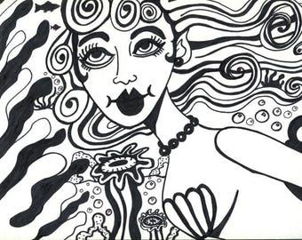 mermaid girl art ink drawing whimsical fantasy fairytale  black & white art by Elizavella