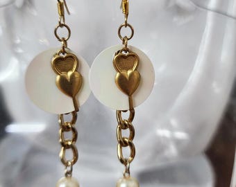 gold double hearts earrings, pearl bead drops sequins long dangles, handmade jewelry