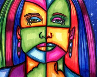 Lady Of The Stars abstract original art markers drawings colorful womans face " 9"x 12"