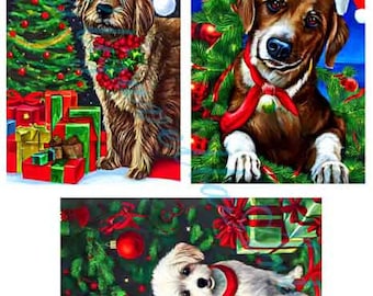 printable Christmas puppy santa dog art paintings, 4" x 6" inch digital clipart collage sheet png jpg download christmas animals wall art