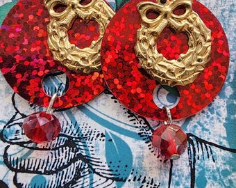 red and gold earrings, leaf ribbon Wreath charms, dangles, glass bead drops, sequin circles, shiny sparkly handmade jewelry