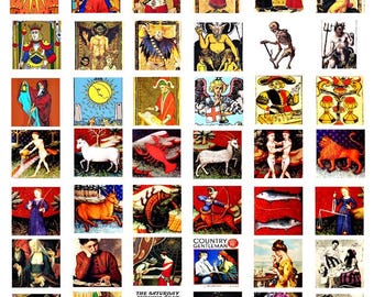 vintage tarot card zodiac signs art clipart digital download collage sheet 1" inch squares graphics images printables diy jewelry making