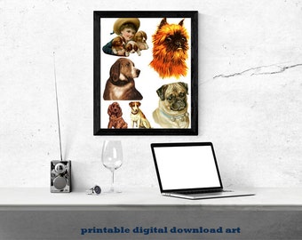 vintage dogs art, dog breeds, pedigree puppies, printable digital collage sheet, instant download, journals, die cuts, animals pet portraits