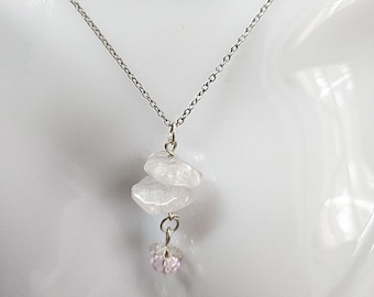 rose quartz gemstone bead drop necklace silver chain handmade minimal jewelry