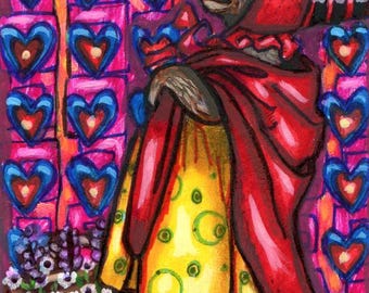 mamma bear with flower basket hearts aceo original art drawing miniature artist card animals